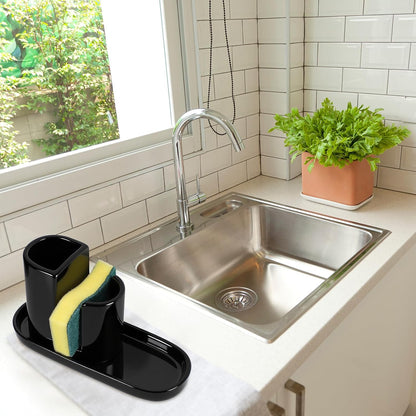Geelin 3 in 1 Ceramic Kitchen Sink Caddy Dish Sponge Holder Scrub Brush Holder and Soap Tray for Kitchen Organizer White Rustic Farmhouse Supplies(White)
