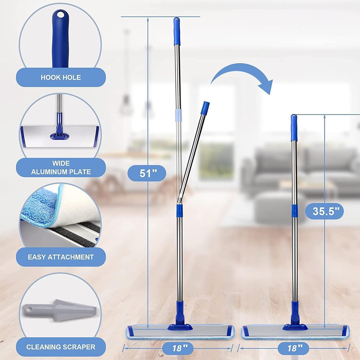 Professional Hardwood Floor Mop - 18" Microfiber Flat Mop with Washable Pad, Adjustable Stainless Steel Handle (35.5"-51") for Wet and Dry Mopping on Laminate, Tile & Vinyl Floors