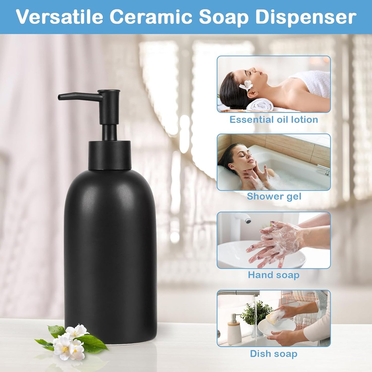 Natheeph Dish Soap Dispenser, Hand Soap Dispenser Ceramic Bottle, Refillable Liquid Great for Kitchen Dish Soap, Hand Soap, Essential Oil & Lotion (Bright White)