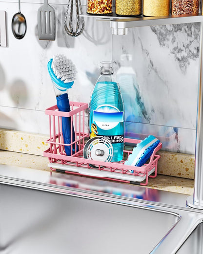 Consumest Sink Caddy, Kitchen Sponge Holder with Dish Brush Holder, Kitchen Organizer with Drip Tray for Countertop, Stainless Steel Rustproof - Silver