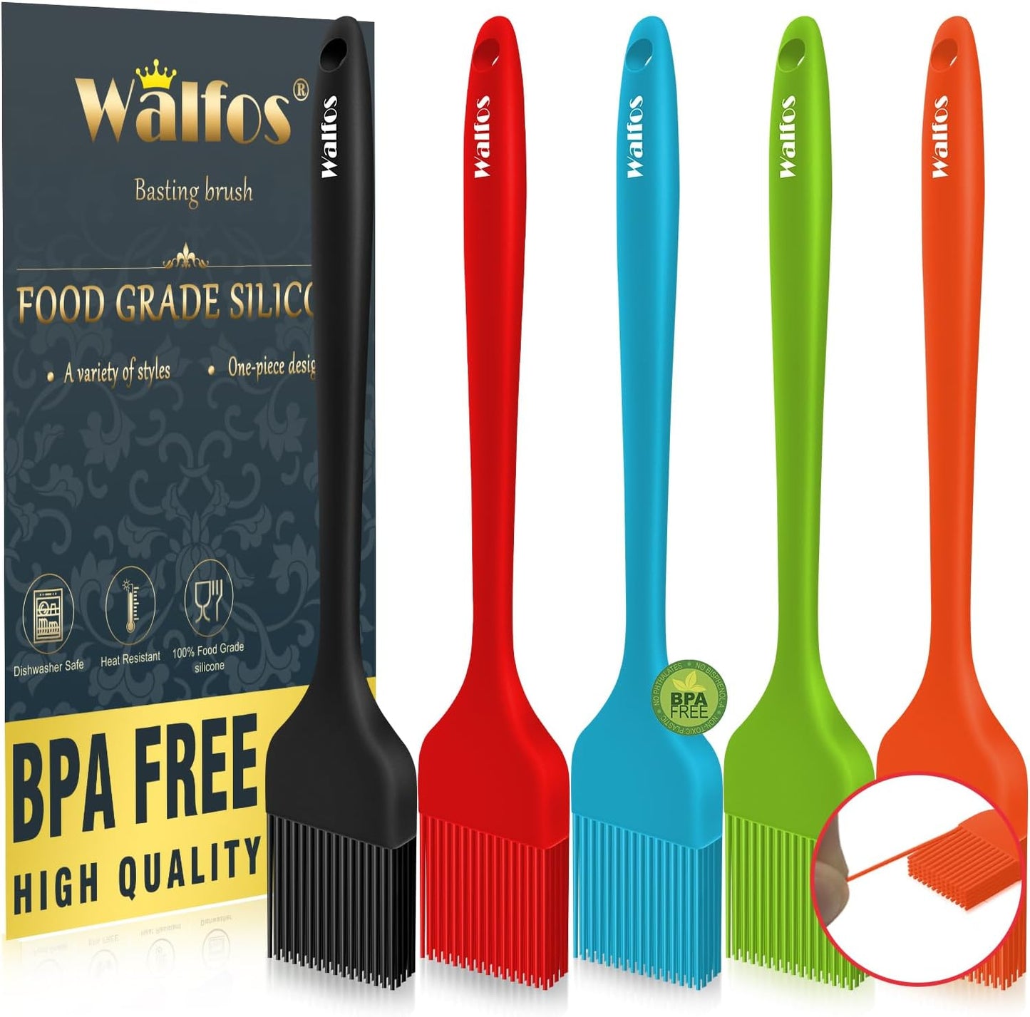 Walfos Silicone Basting Pastry Brush, Heat Resistant Pastry Brush Set, Strong Steel Core and One-Pieces Design, Perfect for BBQ Grill Baking Kitchen Cooking, BPA Free and Dishwasher Safe, 2 Pcs (Blue)