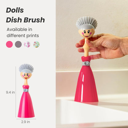 Vigar Dolls Dish Brush with Ergonomic Handle and Dres-shaped Storage Holder - Scrub Brush for Pans, Pots, Kitchen Sink Cleaning, Blue/Pink