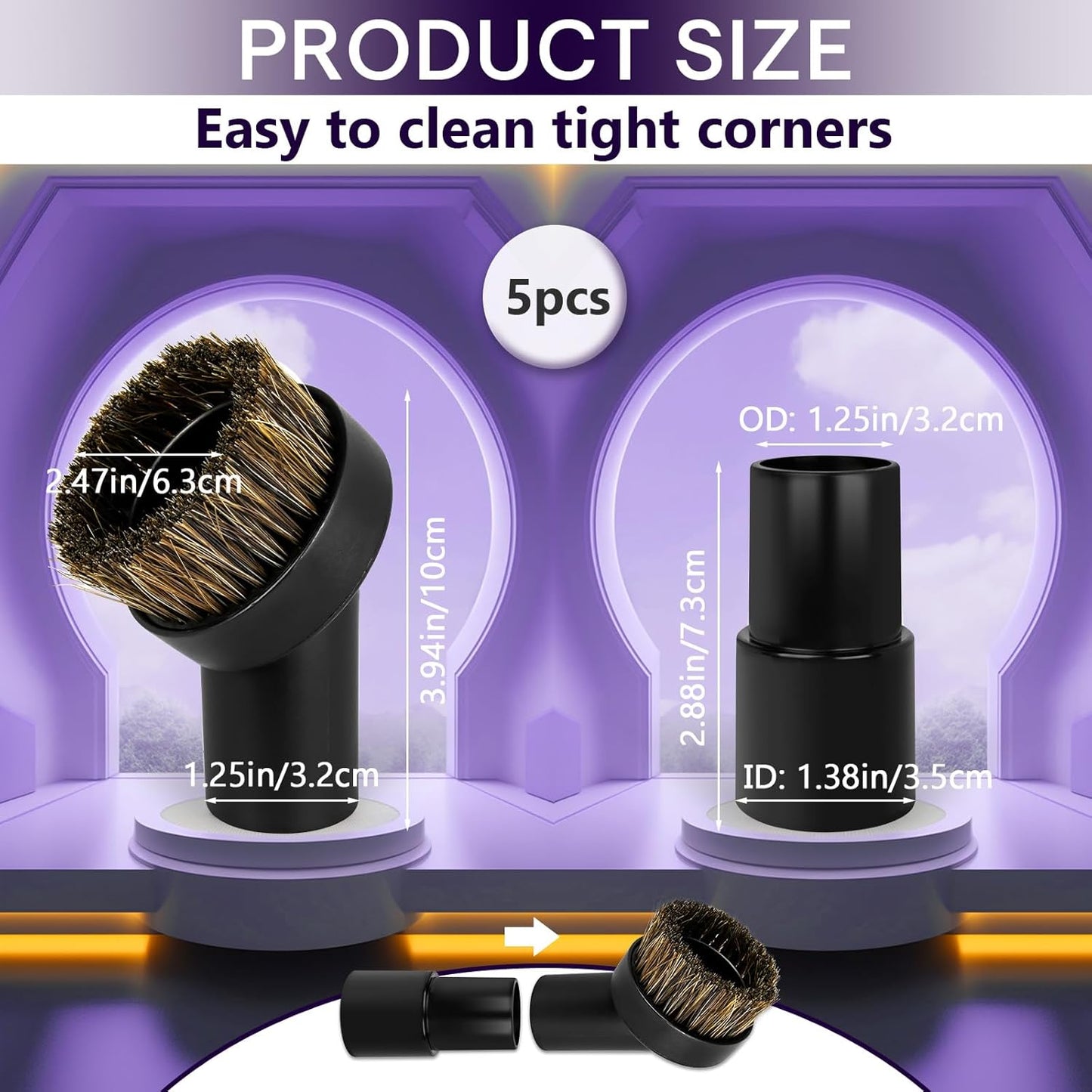 3PCS Horse Hair Brush Vacuum Attachment Set - Black Round Horse Hair Vacuum Attachments & Brushes - Shop Vac Brush Attachment for Most Vacuum Cleaners Accessories - 1 1/4" Vacuum Attachments Included