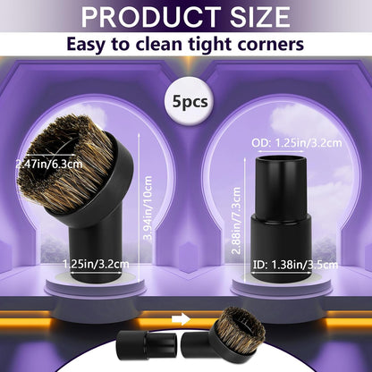 3PCS Horse Hair Brush Vacuum Attachment Set - Black Round Horse Hair Vacuum Attachments & Brushes - Shop Vac Brush Attachment for Most Vacuum Cleaners Accessories - 1 1/4" Vacuum Attachments Included