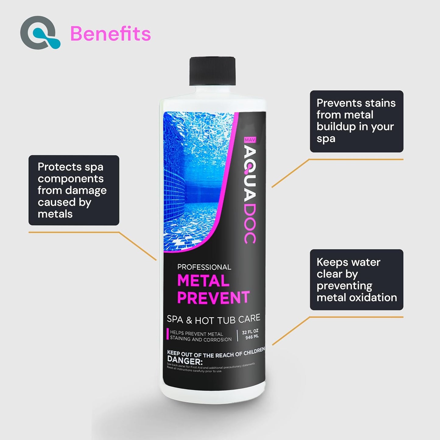 Spa Metal Control and Stain Protector to Protect Hot Tub Surfaces 16oz - Metal Gone Hot Tub Chemicals Made in the USA - AquaDoc