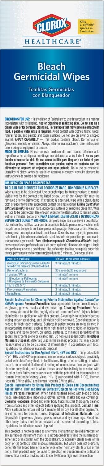 Clorox Healthcare Bleach Germicidal Wipes Bucket, 12" x 12", 110 Count Bucket (Package May Vary)
