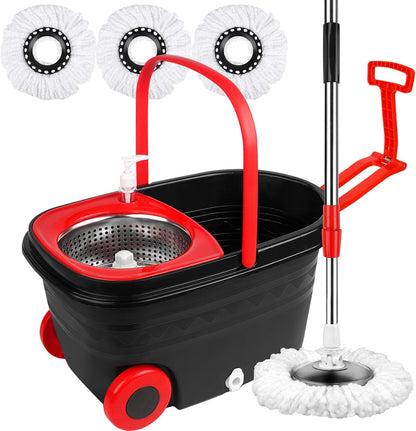 Spin Mop and Bucket with Wringer Set, 360° Rotating Head Mop Bucket System with 3 Microfiber Mop Refills Wet and Dry Suitable for Office and Home Use, Green (Green)