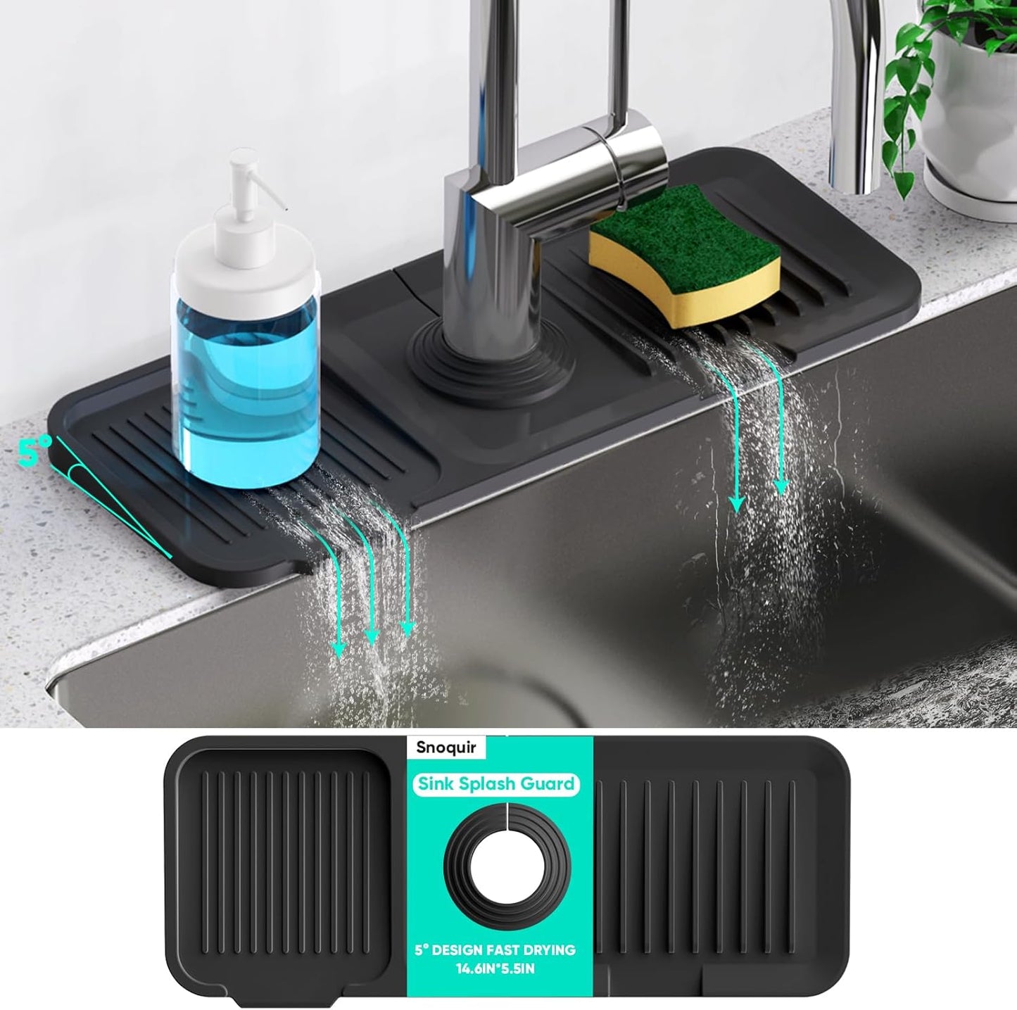 24 Inch Longer Faucet Mat for Kitchen Sink, 5° Slope Fast Self-draining, Kitchen Sink Splash Guard Silicone Sink Faucet Mat Splash Guard Kitchen Sink Area Tidy Splash Faucet Guard Draining Mat