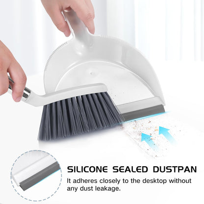 NACENA Mini Broom and Dustpan Set, Small Dust Pan and Brush Set with Handle Dustpan Teeth for Cleaning Hair Suitable for Office Desks Drawers Sofas Outdoor Camping, Light & Purple