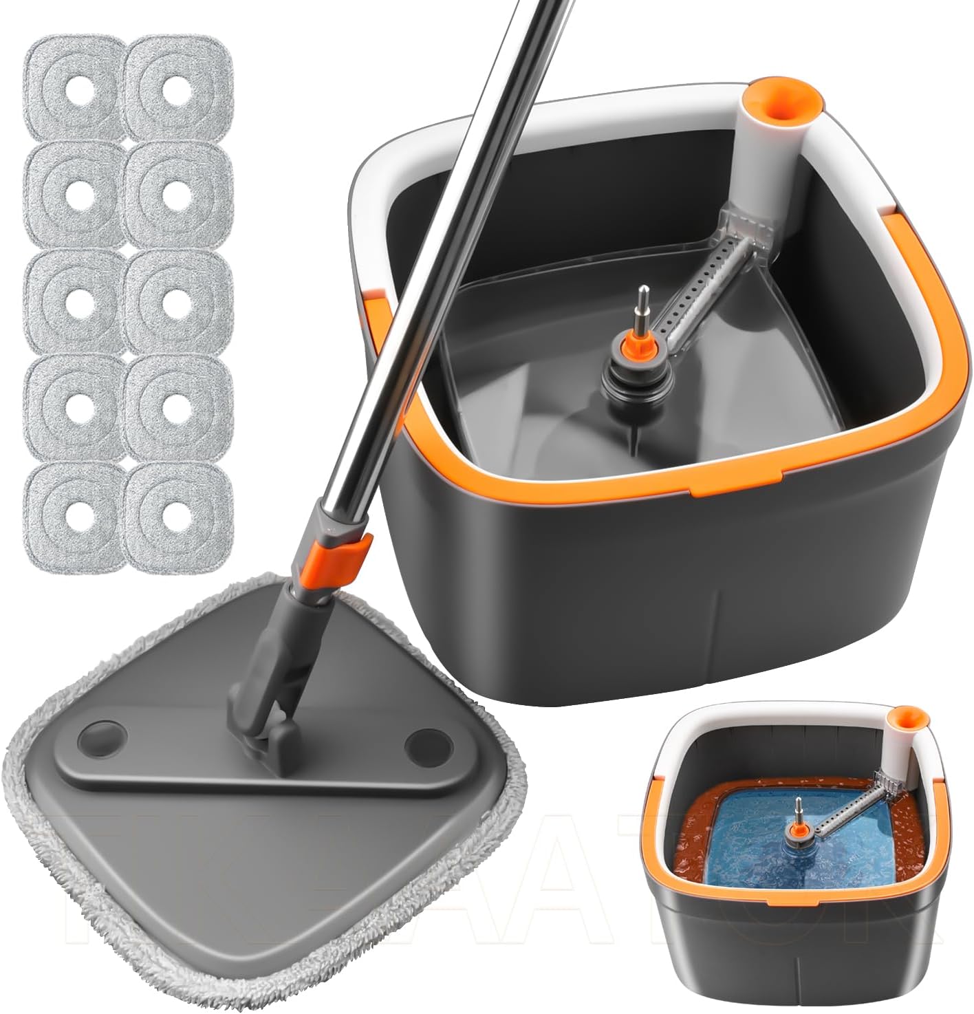 Spin Mop and Bucket Set with Self Separation Dirty and Clean Water System, Mop Set with Self Wringing 360° Rotating Clean Floor Mop-Head for Hardwood Tile Marble Floors (Dark Gray, 10pads)