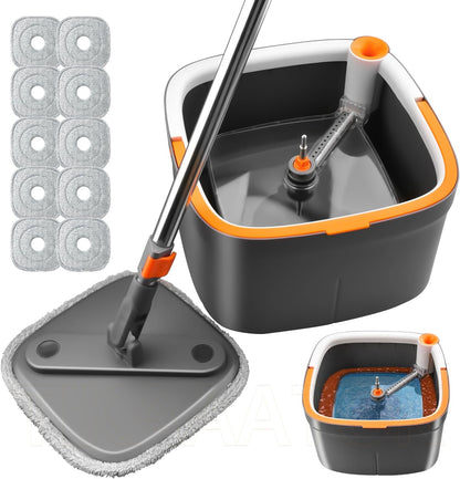 Spin Mop and Bucket Set with Self Separation Dirty and Clean Water System, Mop Set with Self Wringing 360° Rotating Clean Floor Mop-Head for Hardwood Tile Marble Floors (Dark Gray, 10pads)