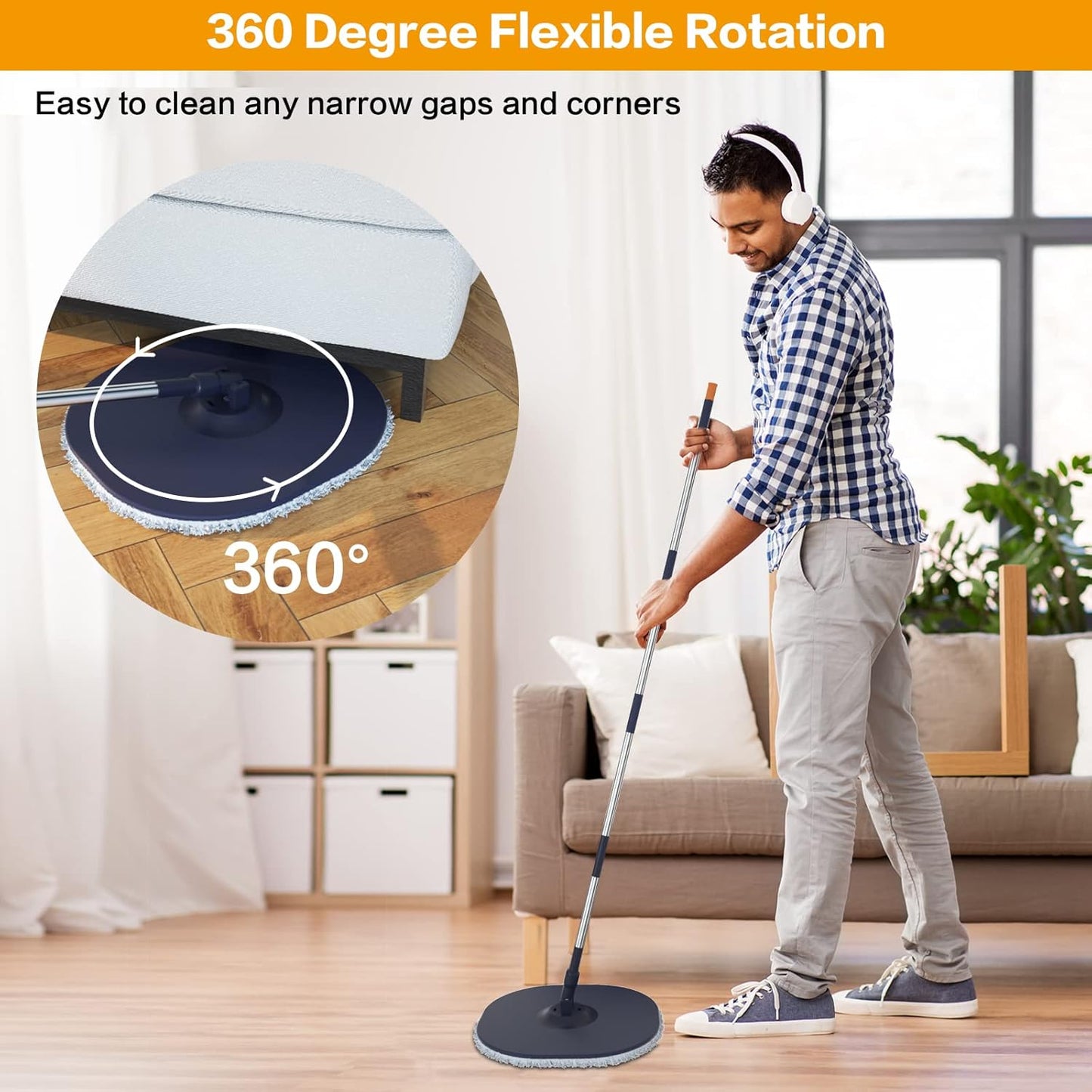 Flat Floor Mop and Bucket System Set with Wringer, Spin Mop and Bucket Separate Clean and Dirty Water with Self Separation for Hardwood, Laminate, Tile, Floor Cleaning, Wet and Dry Use, LightCyan