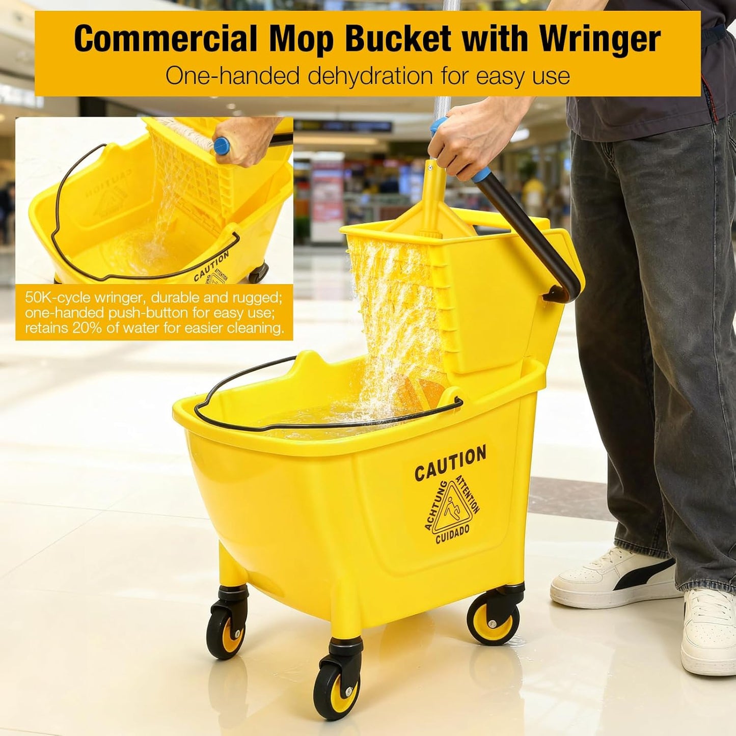 35 Qt Commercial Mop Bucket with Side Press Wringer on Wheels,Heavy Duty Industrial Mop and Bucket Set for Floor Cleaning,Including 1 Wet Floor Caution Sign for Household and Business,Yellow