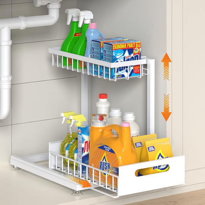 Saydear Under Sink Organizer Storage 2-Tier Premium Metal Pull-Out Kitchen Cabinet Organizer with Sliding Drawer, Height Adjustable, Heavy Duty for Kitchen & Bathroom Organizers 2 Pack Black