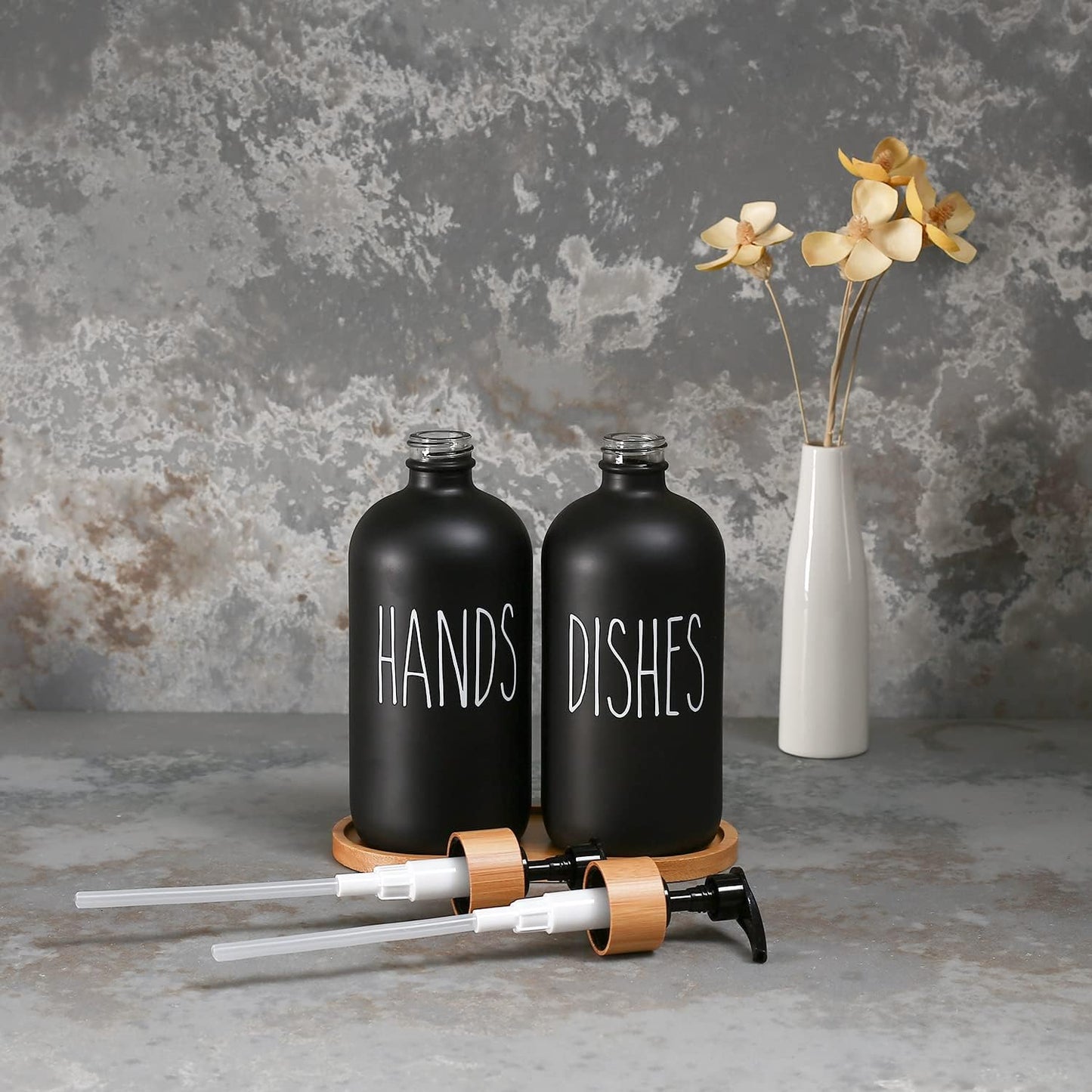 MOMEEMO Soap Dispenser Set, Contains Hand and Dish Soap Dispenser, Suitable for Kitchen Decor. (Black & White)