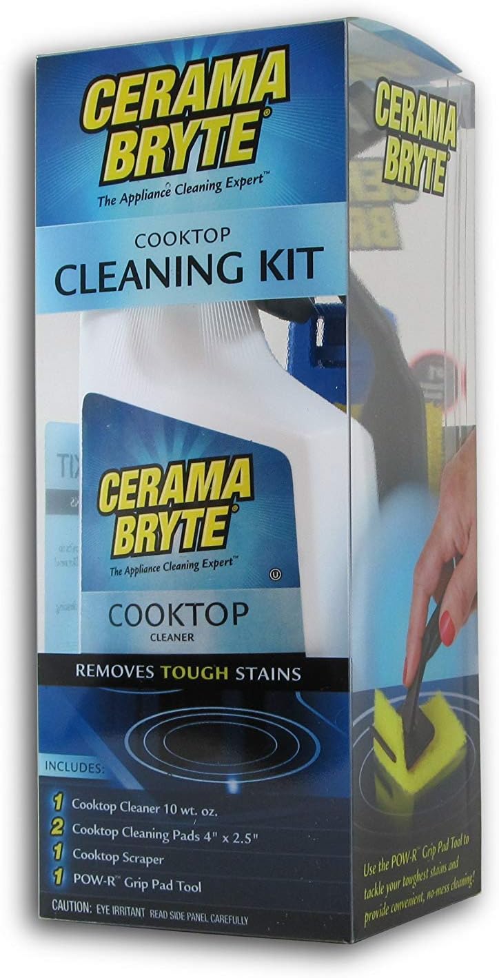 Cerama Bryte - Cooktop Cleaning Kit - Includes 10 oz. Bottle of Cerama Bryte Cooktop Cleaner, 2 Cleaning Pads, 1 POW-R Grip Pad Tool and 1 Scraper packed in Reusable Container, White (SYNCHKG114607)
