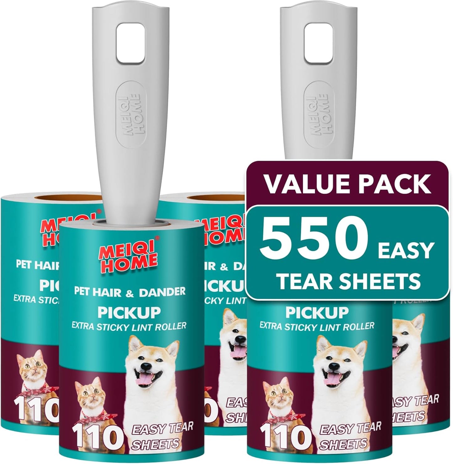MEIQIHOME Lint Rollers for Pet Hair Extra Sticky, 1110 Sheets Mega Value Set Lint Roller with 5 Upgraded Handles, 10 Rollers Portable Pet Lint Roller for Clothes, Furniture, Dog & Cat Hair Removal