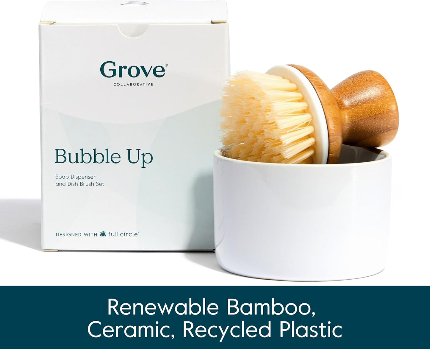 Grove Co. Bubble-Up Dish Soap Dispenser & 2 Pack Brush Set, Ergonomically Designed Dish Scrubber, Removes Tough Messes, Gentle on Dishes, Sustainable Solution to The World's Waste