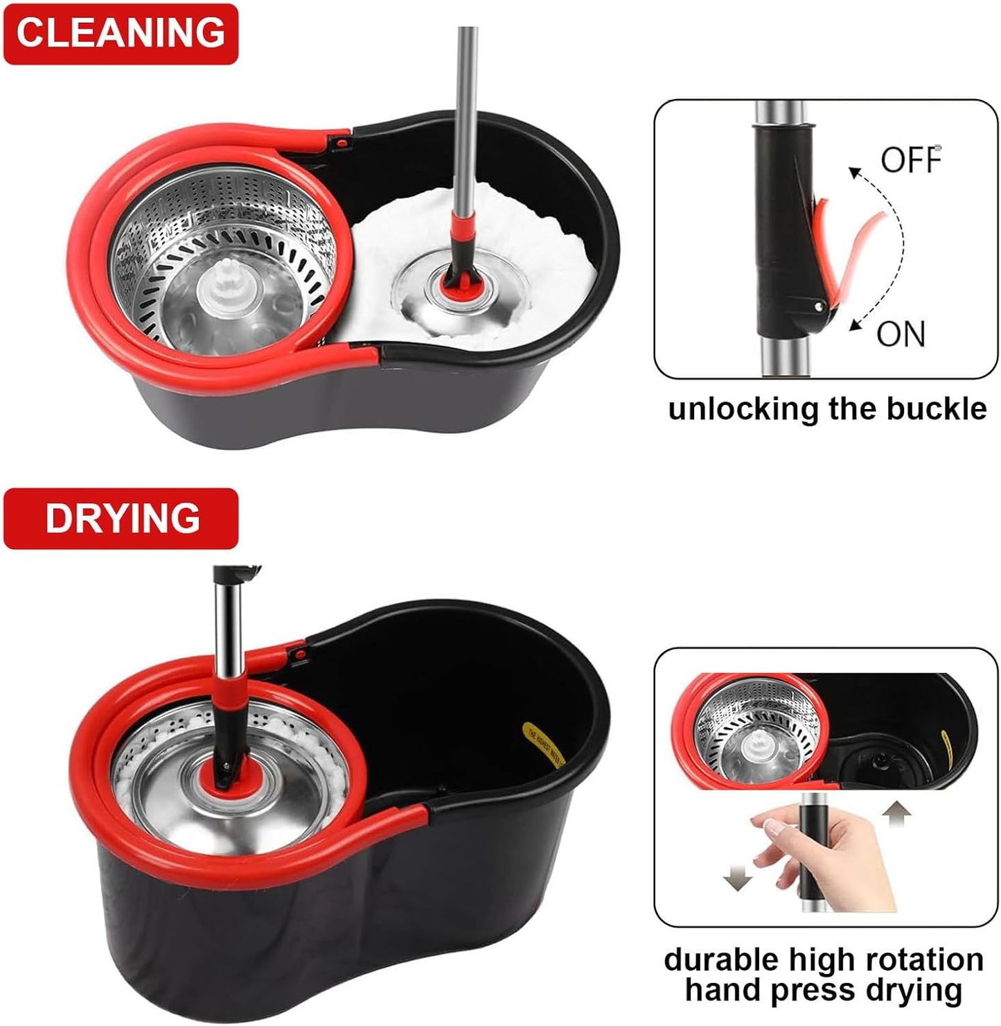 Spin Mop and Bucket Set, 360° Spinning Mop and Bucket System, for Mop Floor Cleaning, with 3 Microfiber Mop Replacement Heads and 61" Stainless Steel Adjustable Handle