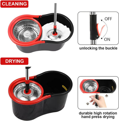 Spin Mop and Bucket Set, 360° Spinning Mop and Bucket System, for Mop Floor Cleaning, with 3 Microfiber Mop Replacement Heads and 61" Stainless Steel Adjustable Handle