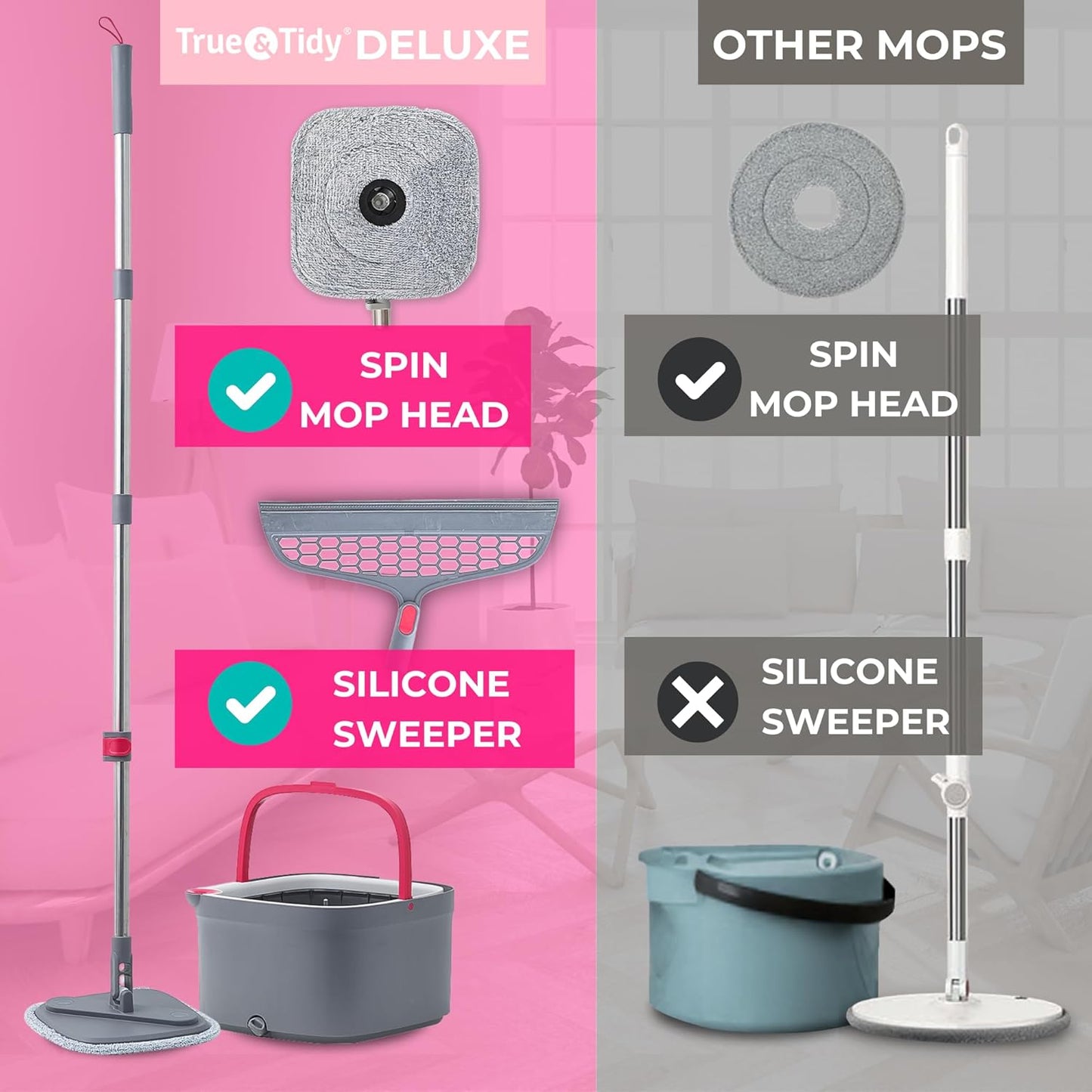 True & Tidy® True Clean Mop and Bucket System, Includes Square Spin, Dual Compartment Mop Bucket and 2 Thick Machine Washable Pads New Upgraded with Side Brush & Self Standing Handle, Rose