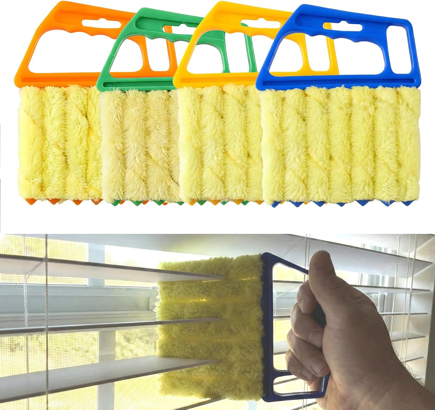 4Pcs Blind Cleaner Duster Tool Set with 7-Finger & 3-Finger Brushes，Washable Multi-Surface Dusting Kit for Wood Blinds, Venetian Blinds, AC Vents, Car Vents, Shutters & Fans (Yellow+Green)