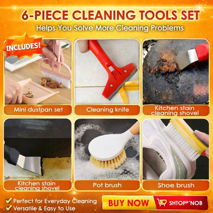 Broom and Dustpan Set with Long Handle, Upright Standing Self-Cleaning Combo, Windproof Dustpan with 6 Bonus Cleaning Tools for Pet Hair, Home, Kitchen, Garage & Apartment