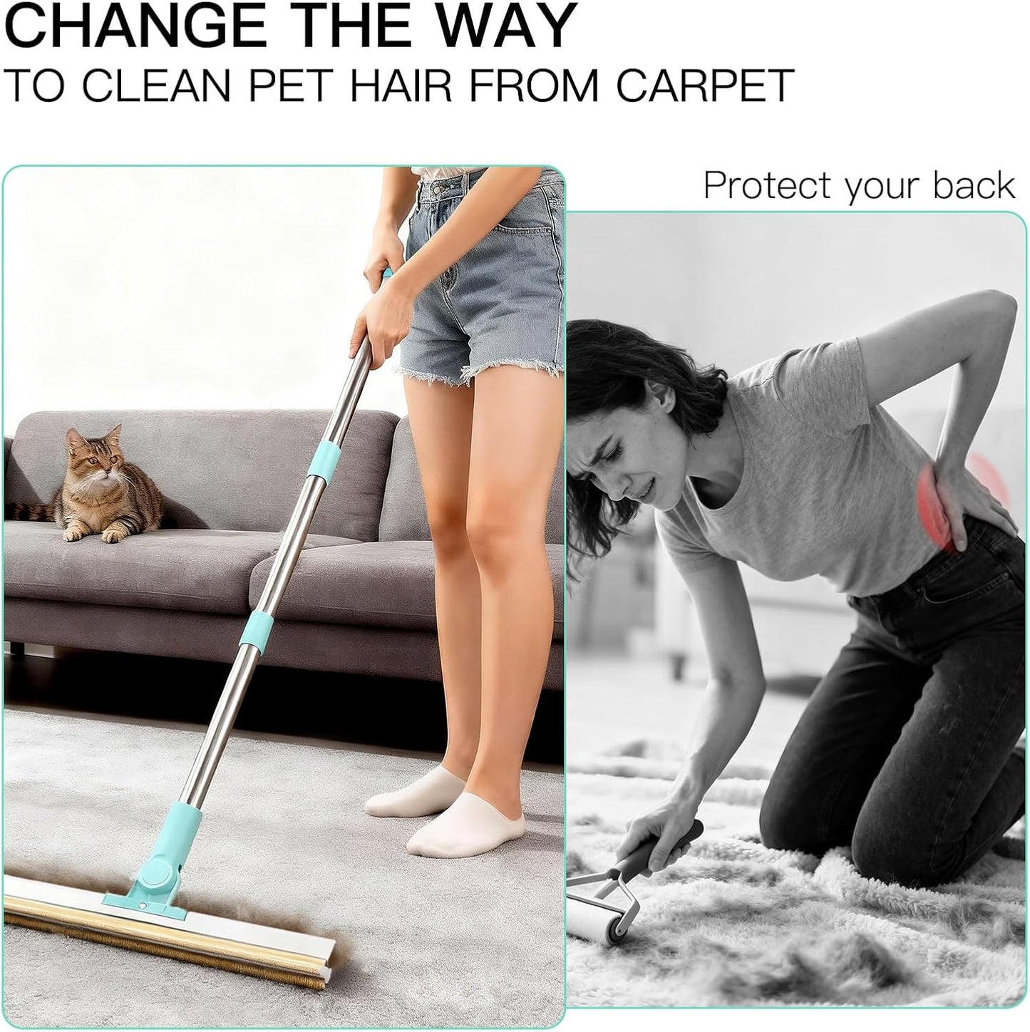 Carpet Rake for Pet Hair Removal - 3 in 1 Reusable Dog Cat Hair Remover Scraper with Adjustable Long Handle, Carpet Clean Brushes & Cat Dog Fur Rakes Scraper Broom for Couch, Rugs, Mats and Cars