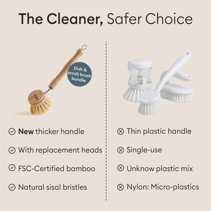 Vove Bamboo Dish Brush, FSC-Certified - Includes 3 Replacement Heads - Natural Fiber Bristles - Non-Toxic, Plastic-Free - Scrub Brush for Pots, Pans & Dishes