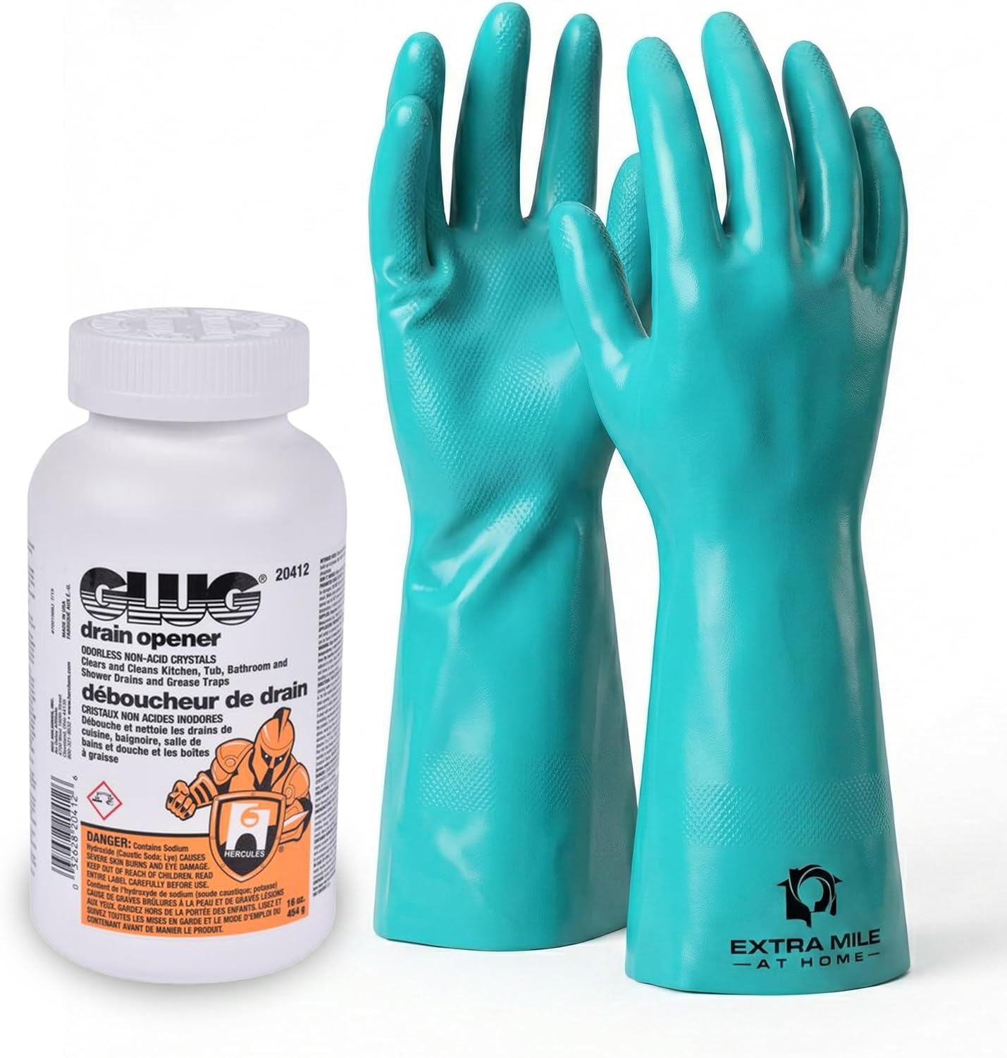 Glug Drain Opener Bundle with Glug Crystals Cleaner and Long Protective Gloves - 2 Items - Sink & Shower Drain Clog Remover, Compatible with Most Home Plumbing, Easy DIY Use
