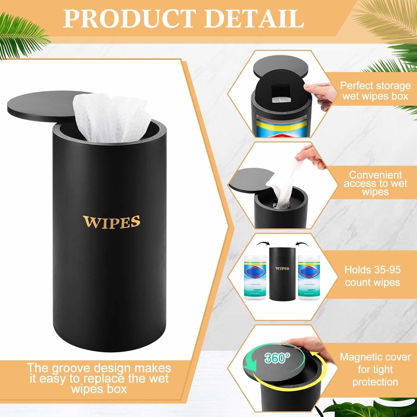 Willinglong Refillable Wet Wipes Dispenser Disinfecting Wipe Container with Magnetic Lid Stylish Decorative Bamboo Holder for Bathroom Kitchen Countertop Home Office Storage Cleaning(Black)