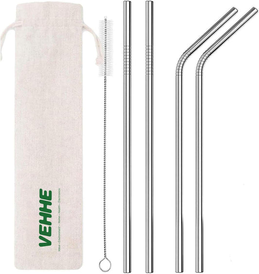 VEHHE Metal Straw Stainless Steel Straws Drinking Reusable Straws 4 Set -10.5" Ultra Long Rainbow Color-Cleaning Brush for 20/30 Oz for Yeti RTIC SIC Ozark Trail Tumblers (2 Straight|2 Bent|1 Brush)