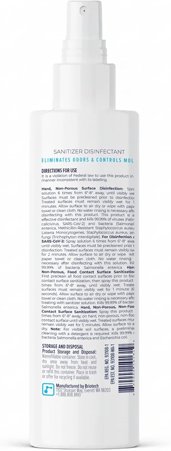 BRIOTECH Sanitizer Disinfectant Hypochlorous, Kill 99.99% of Viruses & Bacteria, Control Mold, Eliminate Odor, Gentle for Nursery & Play Rooms, Food Contact Surface Sanitizer, 1 Gallon Refill