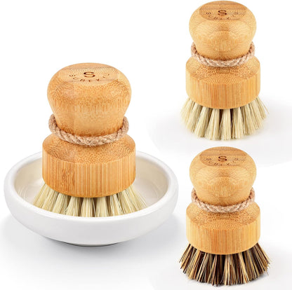 Bamboo Dish Scrub Brushes,Kitchen Wooden Cleaning Scrubbers Set for Washing Cast Iron Pan/Pot, Natural Sisal Bristles, Set of 3