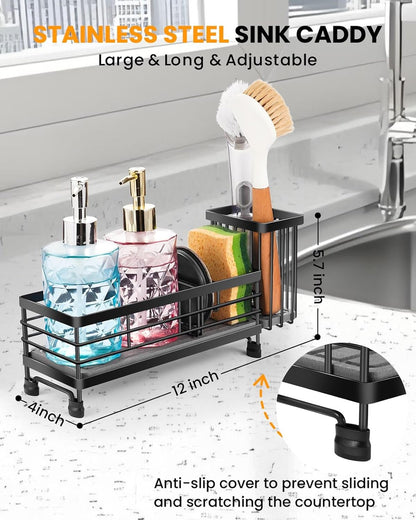 Kitchen Sink Caddy with Water Absorbent Diatomite Stone Sink Tray, Fast Drying Sink Organizer with High Dish Brush Holder Sponge Holder for Kitchen Sink, Stainless Steel