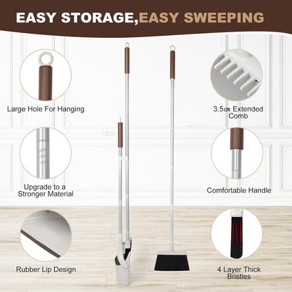 54" Long Handled Broom and Dustpan Set - Perfect Dust Pan and Brush Combo for Efficient Cleaning, Brown and White