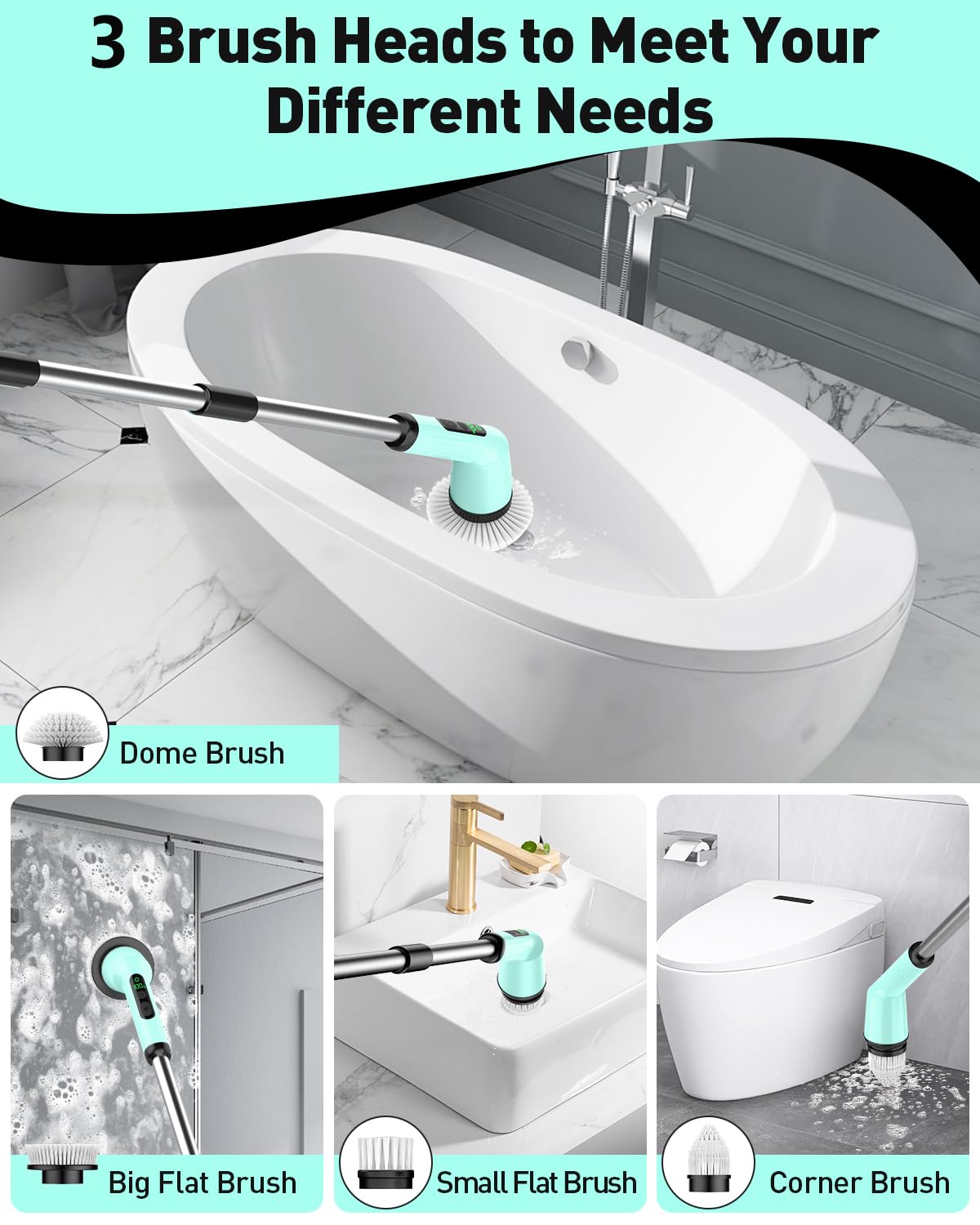 Electric Spin Scrubber for Cleaning Bathroom, Shower Scrubber Cordless Cleaning Brush with IPX7 Waterproof & 2 Speed, 3 Brush Heads, Bathroom Cleaning Supplies for Shower Tub Kitchen Tile Toilet White
