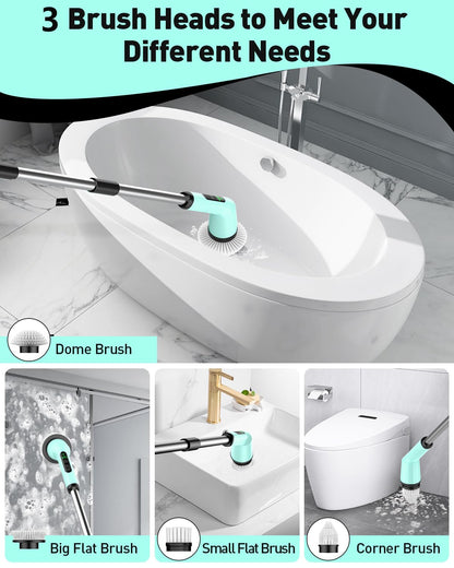 Electric Spin Scrubber for Cleaning Bathroom, Shower Scrubber Cordless Cleaning Brush with IPX7 Waterproof & 2 Speed, 3 Brush Heads, Bathroom Cleaning Supplies for Shower Tub Kitchen Tile Toilet White
