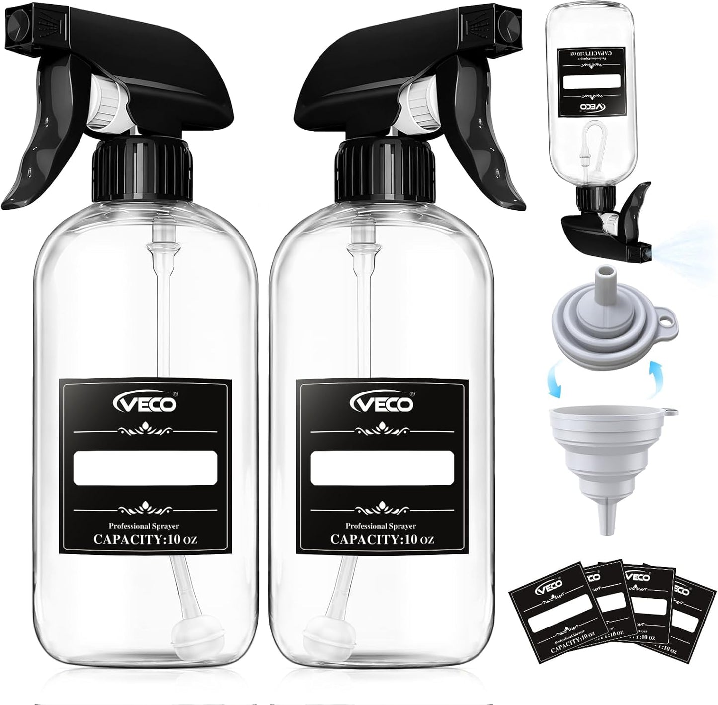 Veco 500mL (17oz) Graduated Spray Bottles, 4-Pack — 360° Any-Angle Spraying for Easy Dilution, Leak-Resistant spray bottles for Cleaning, Plants, Hair & Pet Use + Foldable Funnel