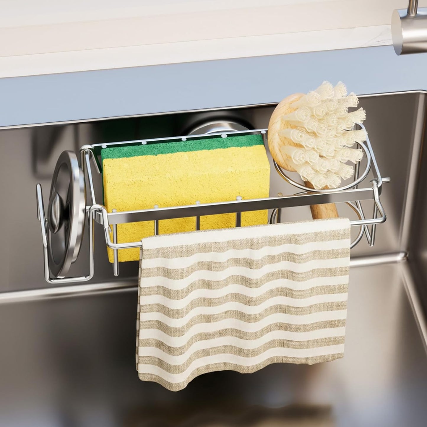 TAILI Sponge Holder for Kitchen Sink with Strong Suction Cup, Rustproof Aluminum Sink Caddy for Sponges, Removable Sponge Holder, Dish Brush for Scraper - Silver