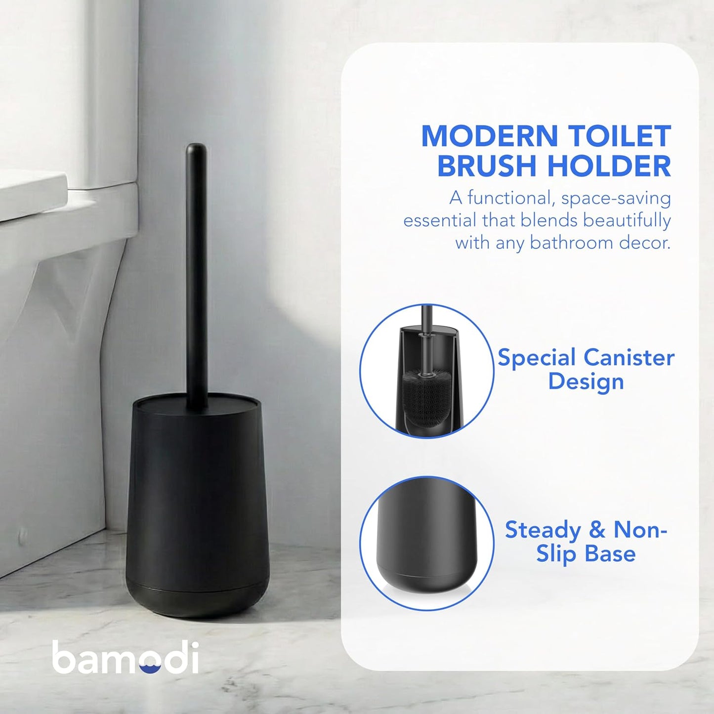 Bamodi Toilet Brush and Storage Stand - Dense PP Brush Head with Holder - Efficient Stain and Odour Removal - Modern Design and Space-Saving - Keeps Toilet Bowl Spotless - 15.27x4.40x4.40 Inch, Black