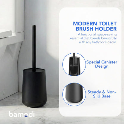 Bamodi Toilet Brush and Storage Stand - Dense PP Brush Head with Holder - Efficient Stain and Odour Removal - Modern Design and Space-Saving - Keeps Toilet Bowl Spotless - 15.27x4.40x4.40 Inch, Black