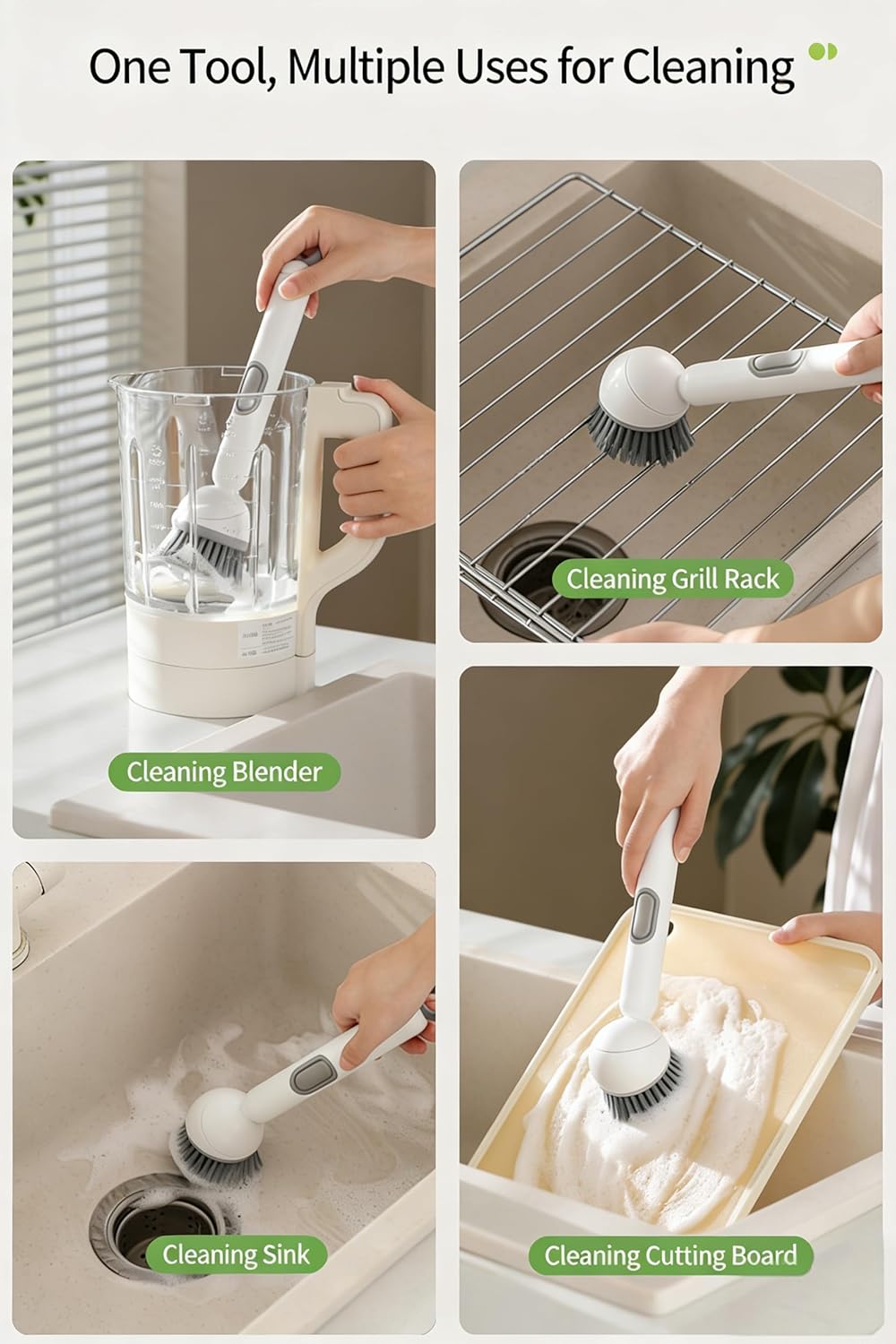Dish Brush with Soap Dispensing Rotating Handle,Kitchen Crub Brush with Hook，White