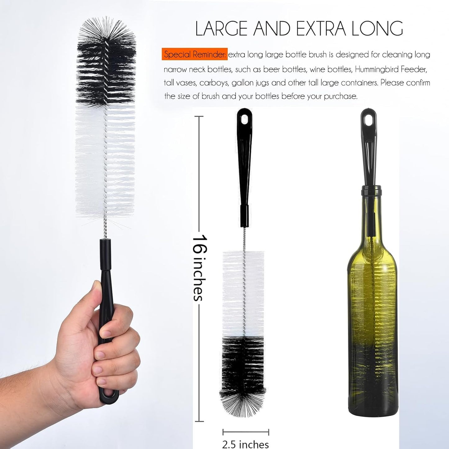 3-Pack Long Bottle Cleaning Brush for Narrow Neck Beer, Wine, Flask, Thermos, Sportwell, Pitcher, Brewing Bottle Cleaner, 16 Inches