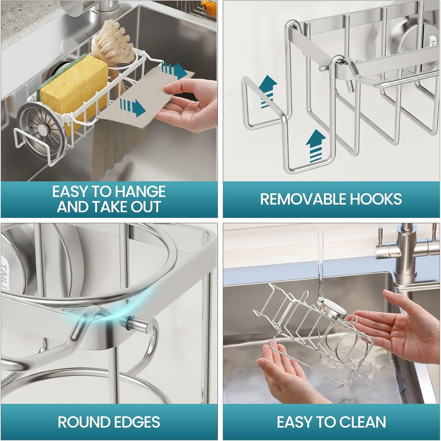 TAILI Sponge Holder for Kitchen Sink with Strong Suction Cup, Rustproof Aluminum Sink Caddy for Sponges, Removable Sponge Holder, Dish Brush for Scraper - Silver