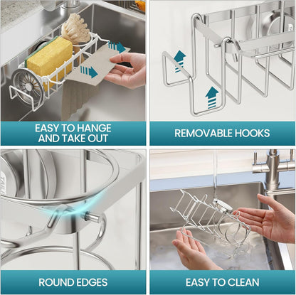 TAILI Sponge Holder for Kitchen Sink with Strong Suction Cup, Rustproof Aluminum Sink Caddy for Sponges, Removable Sponge Holder, Dish Brush for Scraper - Silver