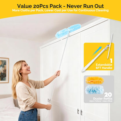 6 FT Extendable Duster Handle with 20 Pcs Refills, Heavy Duty Starter Kit Compatible with Swiffer, Disposable Microfiber Dusting Pads for Ceiling, Fan, Window & Hard to Reach Areas Cleaning
