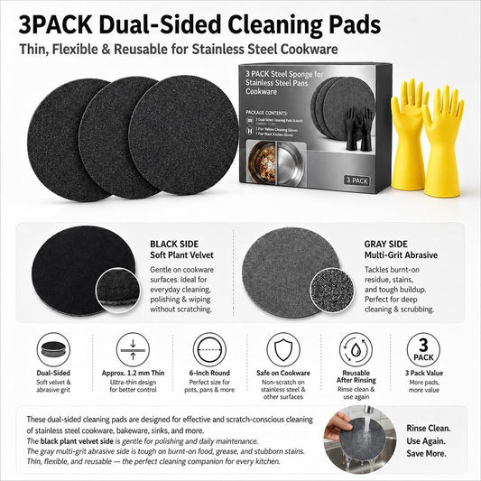 3PACK Korea Steel Sponge for Stainless Steel Pans Cookware - Croppable Professional Stainless Steel Pan Sponges for Heavy Duty Burnt-On Stain Removal, Mirror Shine Restorer (3PCS)