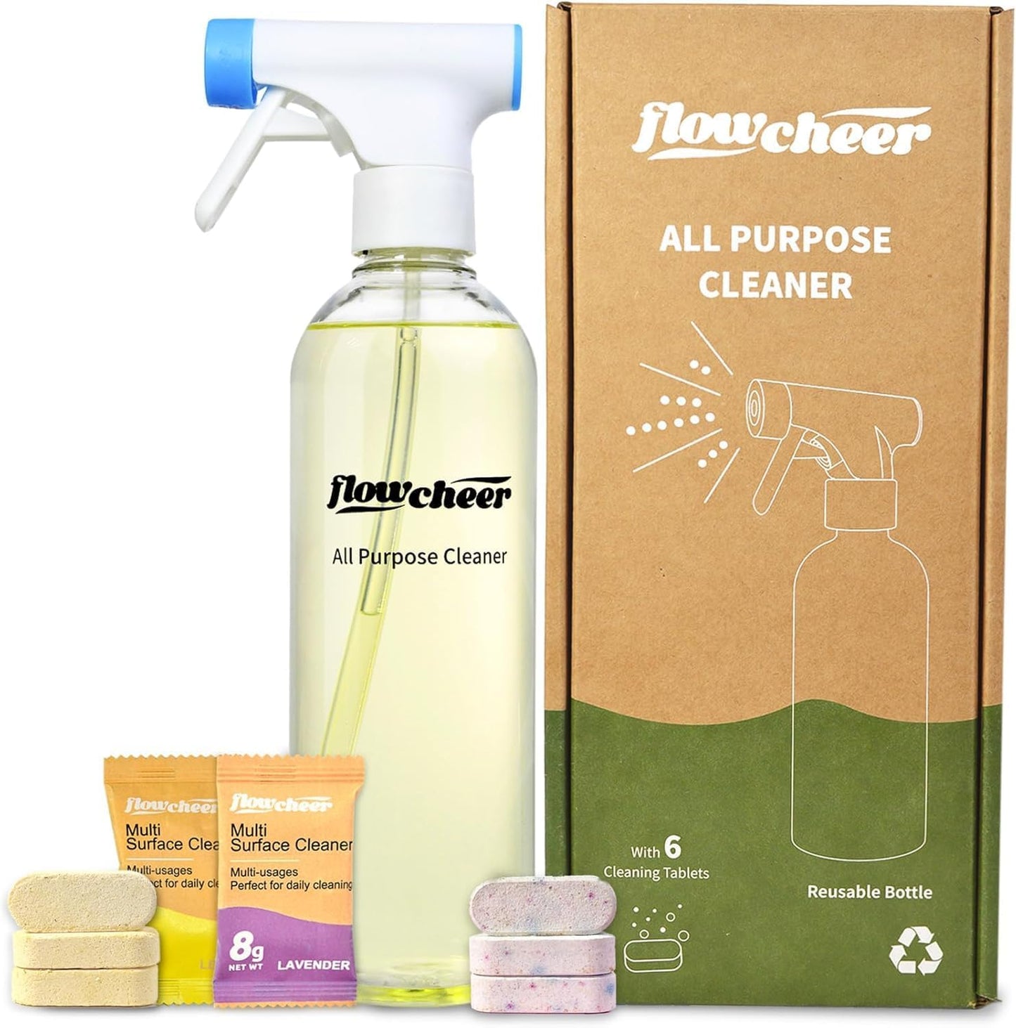 flowcheer Multi Surface Cleaner Refills -All Purpose Cleaning Tablets-Makes 192 fl oz(12 x 16 Fl oz) Bottles of Spray Cleaner for Household&Kitchen Cleaning-Lavender Scent(Not Included Bottles)