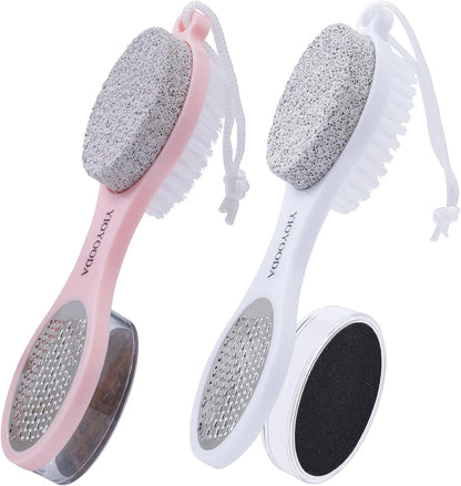 Foot File Callus Remover 5-in-1, 2 Pcs Feet Scraper Pedicure Tools with Pumice Stone, Scrubber Brush, Stainless Steel Foot Rasp and Sand Paper Debris Catcher, Multi Purpose, Cyan